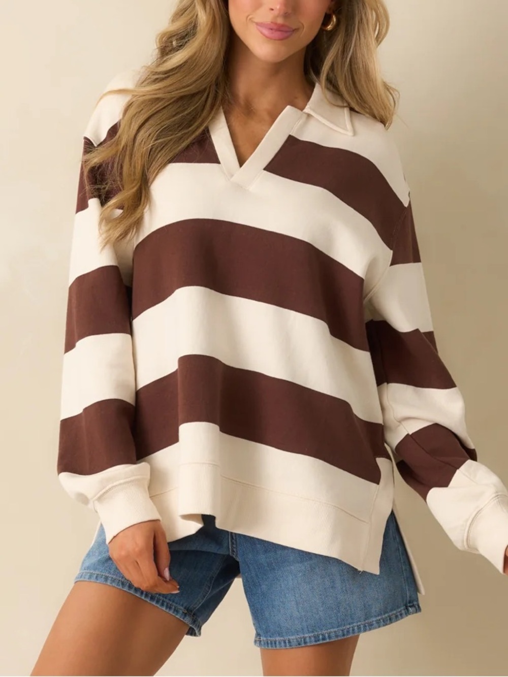 Z SUPPLY oversized rugby Striped V-Neck Pullover Sweater in Cream and Brown’ S